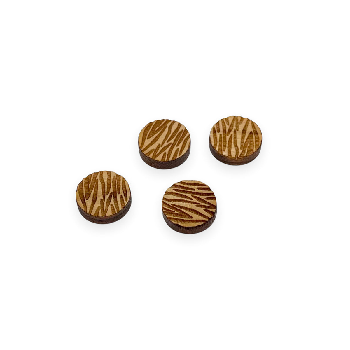 a pair of round shaped wooden cabochon stud earring blanks engraved with zebra print