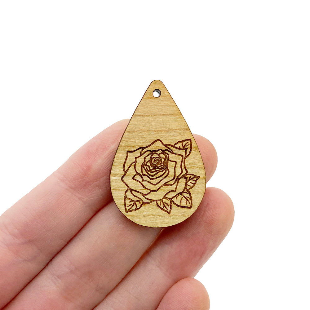 Rose Engraved Small Tear Drop Shaped Wood Jewelry Charm Blanks