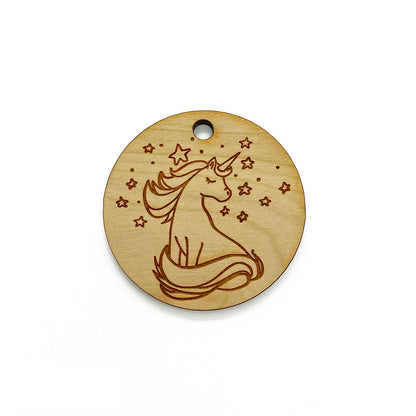 Unicorn Stars Large Round Engraved Wood Charm Blanks