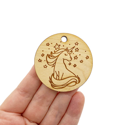 Unicorn Stars Large Round Engraved Wood Charm Blanks