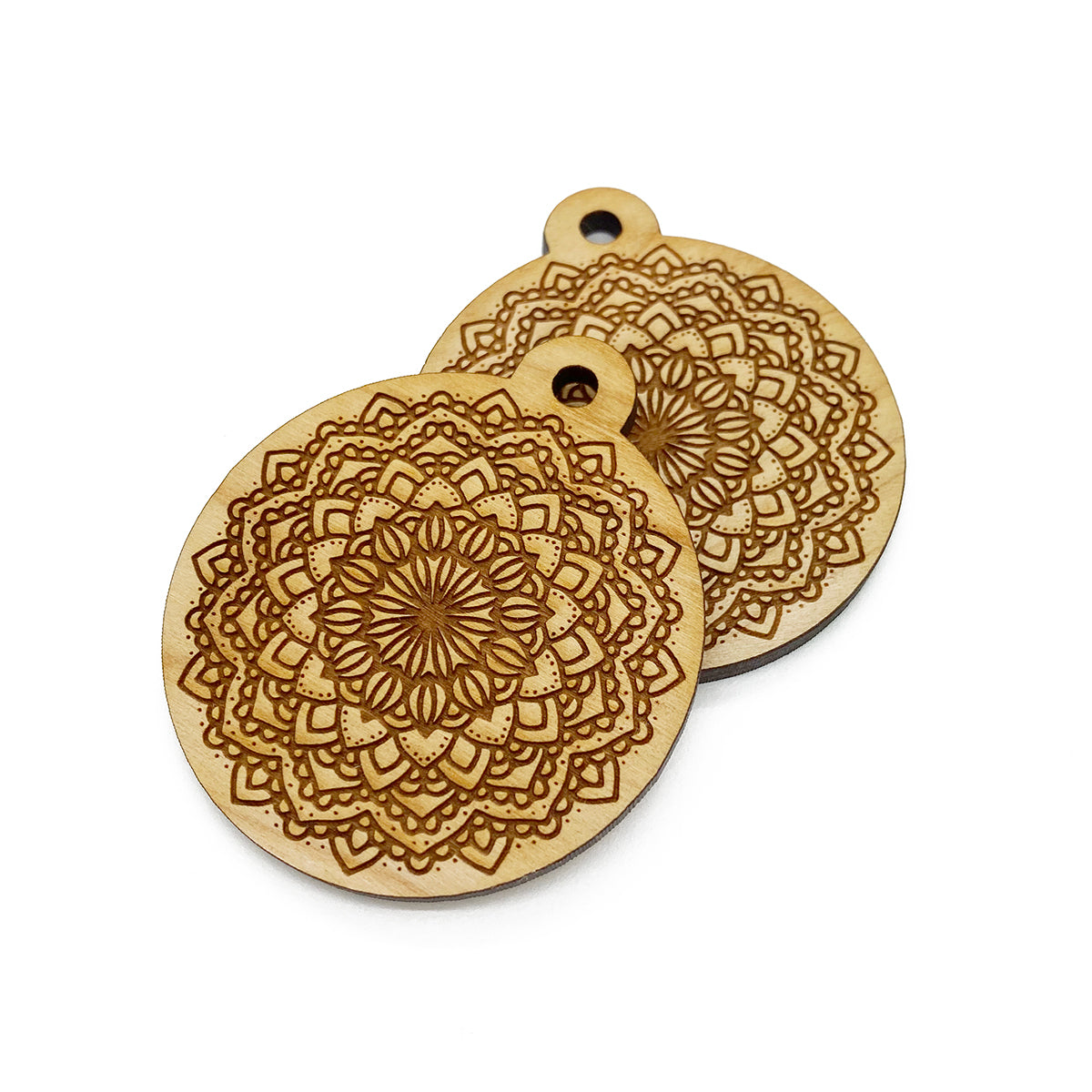 Detailed Mandala Engraved Circle Shaped Wood Keychain Charm Blanks