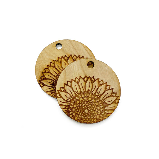 Sunflower Engraved Circle Shaped Wood Keychain Charm Blanks