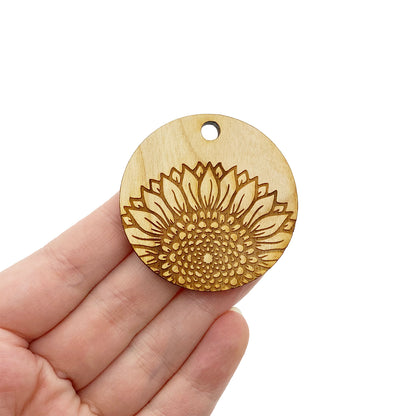 Sunflower Engraved Circle Shaped Wood Keychain Charm Blanks