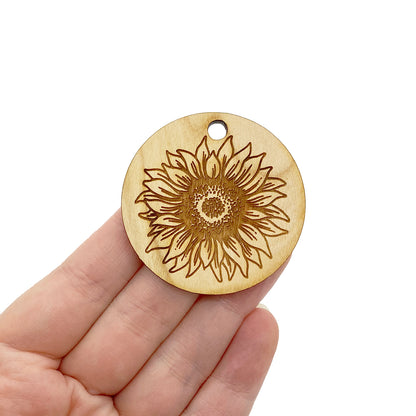 Sunflower Drawing Engraved Circle Shaped Wood Keychain Charm Blanks