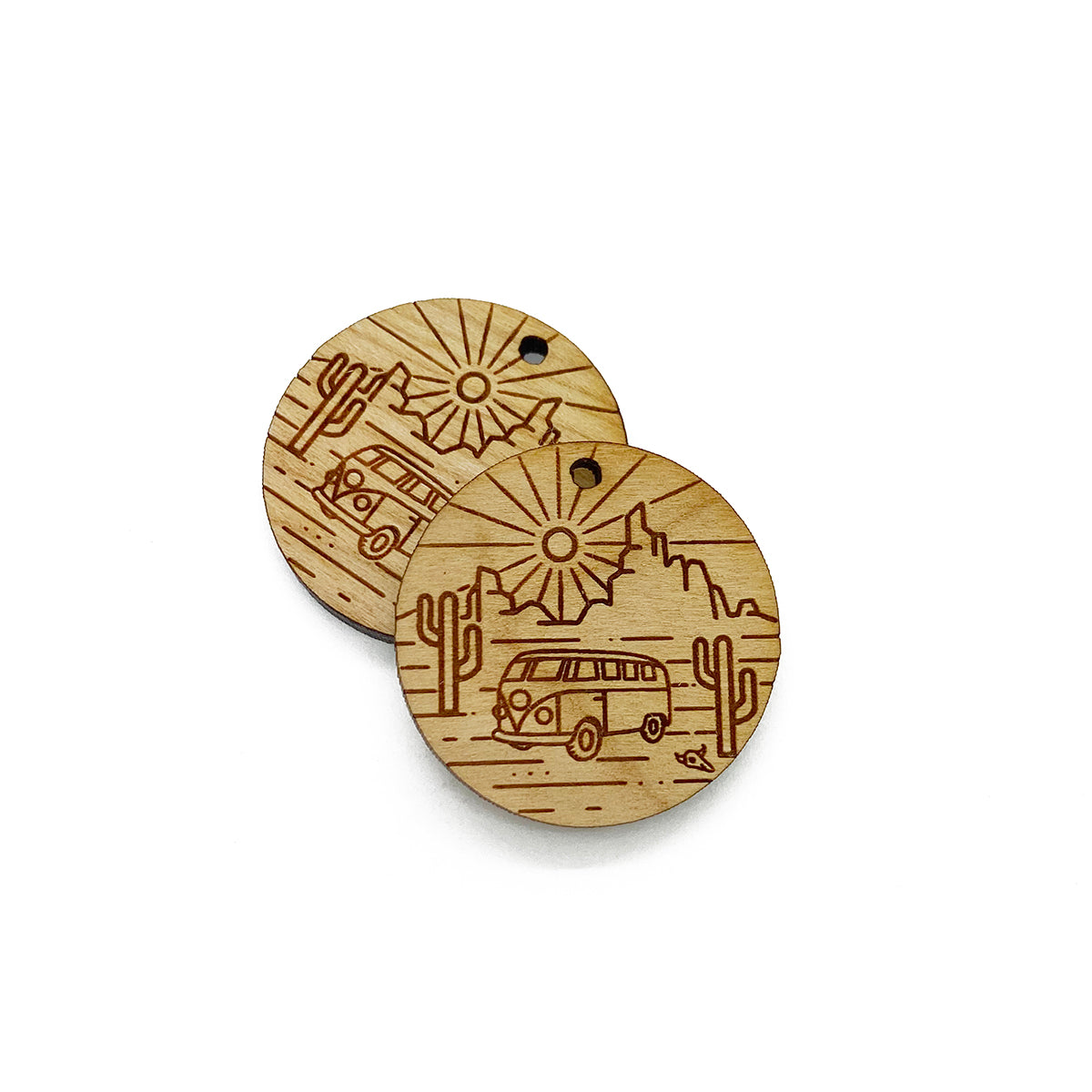 Bus in the Desert Engraved Circle Shaped Wood Jewelry Charm Blanks