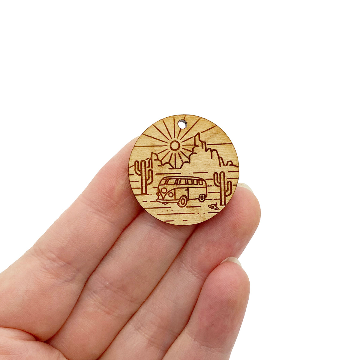 Bus in the Desert Engraved Circle Shaped Wood Jewelry Charm Blanks