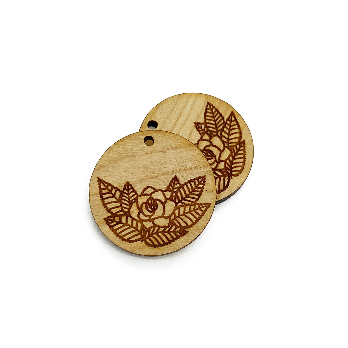 Rose & Leaves Engraved Circle Shaped Wood Jewelry Charm Blanks