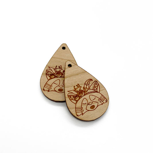 Boho Racoon Engraved Small Tear Drop Shaped Wood Jewelry Charm Blanks