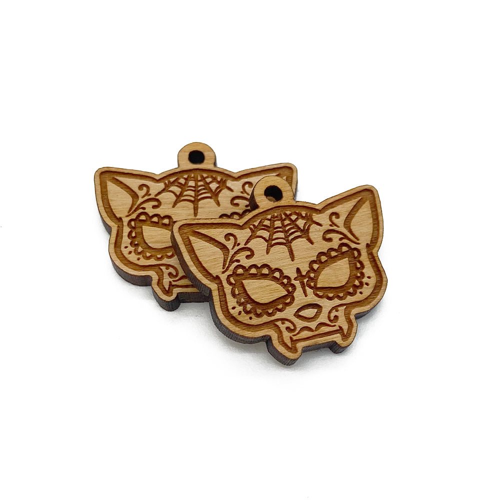 Sugar Skull Cat Engraved Wood Jewelry Charm Blanks