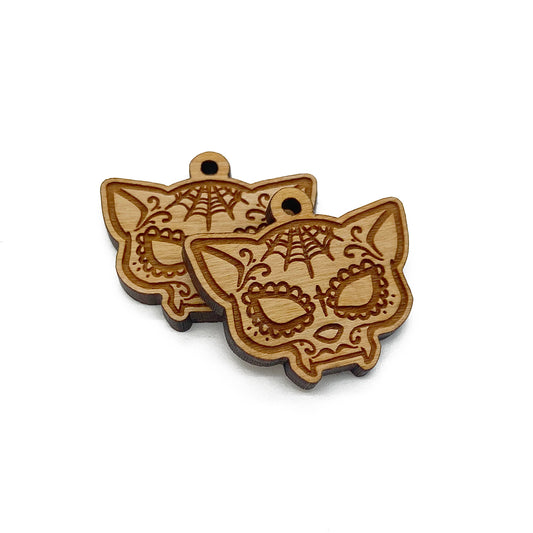 Sugar Skull Cat Engraved Wood Jewelry Charm Blanks