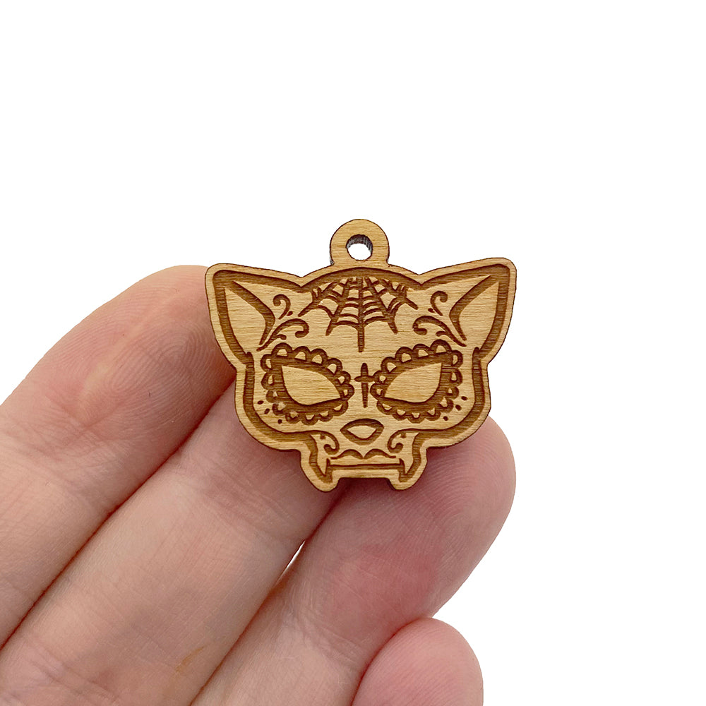 Sugar Skull Cat Engraved Wood Jewelry Charm Blanks