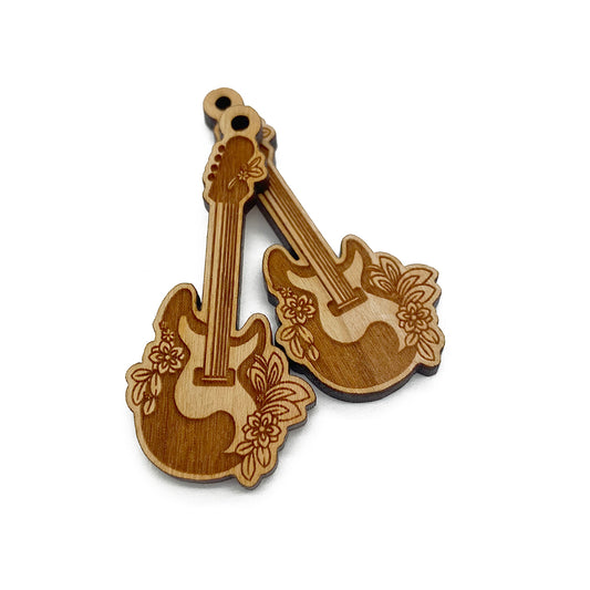 Guitar & Flowers Engraved Wood Jewelry Charm Blanks