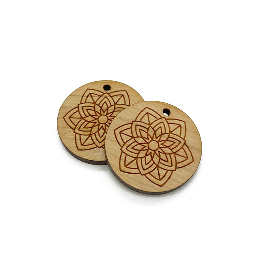 Mandala Flower Engraved Circle Shaped Wood Jewelry Charm Blanks