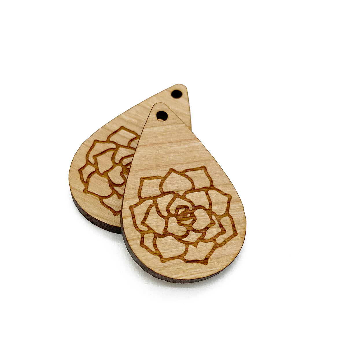 Succulent Engraved Small Tear Drop Shaped Wood Jewelry Charm Blanks