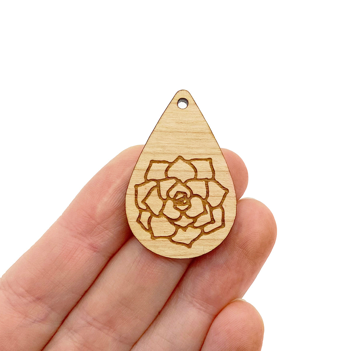 Succulent Engraved Small Tear Drop Shaped Wood Jewelry Charm Blanks