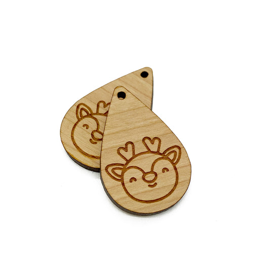 Reindeer Engraved Small Tear Drop Shaped Wood Jewelry Charm Blanks