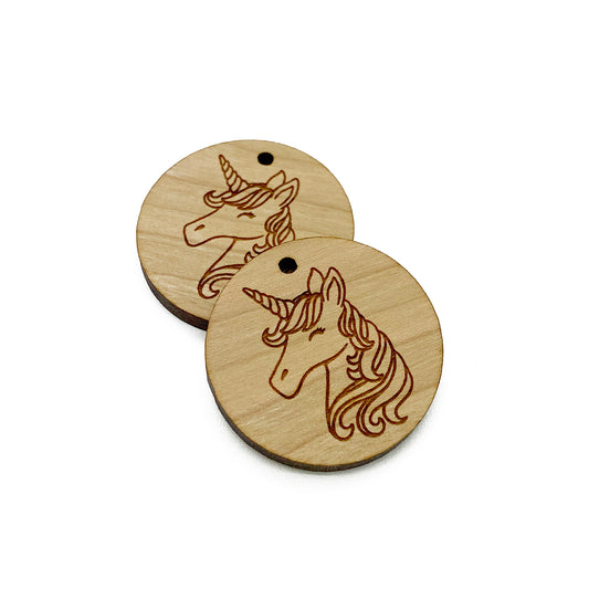 Unicorn Engraved Circle Shaped Wood Jewelry Charm Blanks