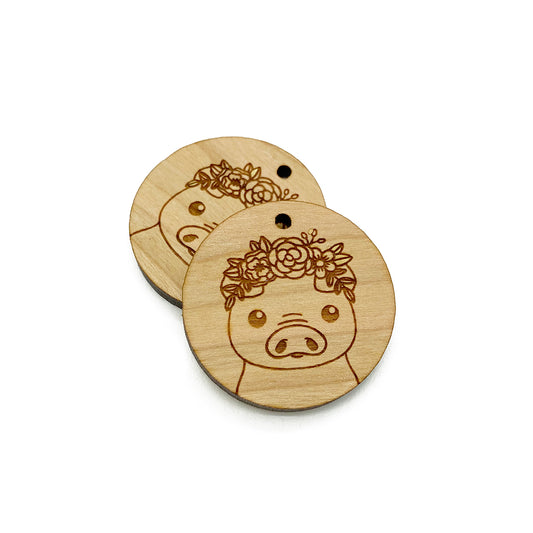 Flower Crown Pig Engraved Circle Shaped Wood Jewelry Charm Blanks