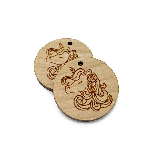 Beautiful Unicorn Engraved Circle Shaped Wood Jewelry Charm Blanks