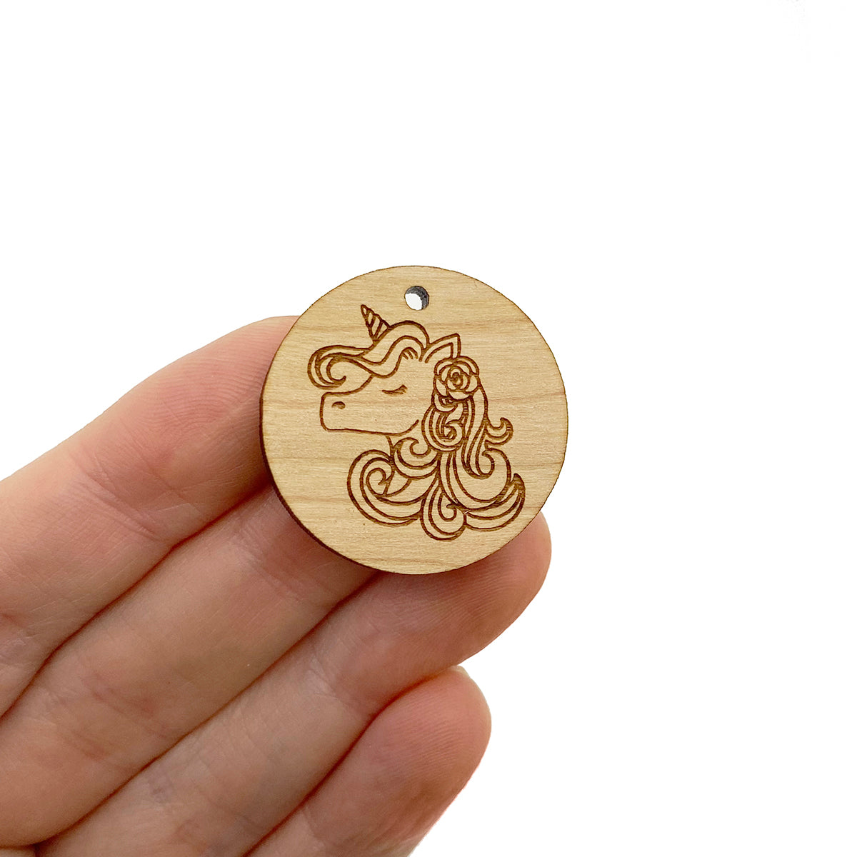 Beautiful Unicorn Engraved Circle Shaped Wood Jewelry Charm Blanks
