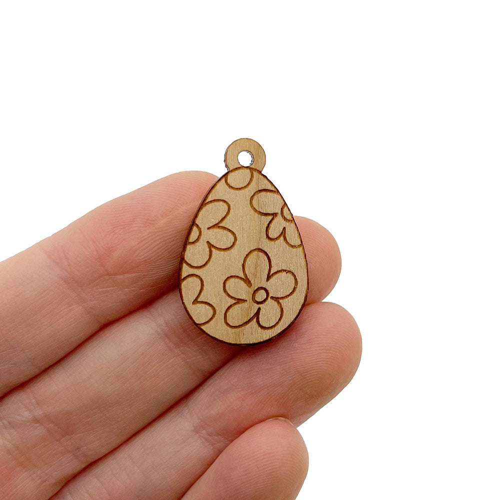 Flowers Easter Egg Engraved Wood Jewelry Charm Blanks