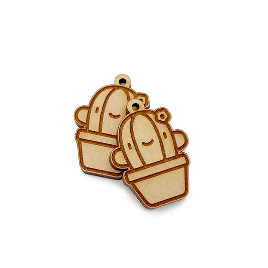 Happy Cactus Engraved Wood Jewelry Charm Blanks