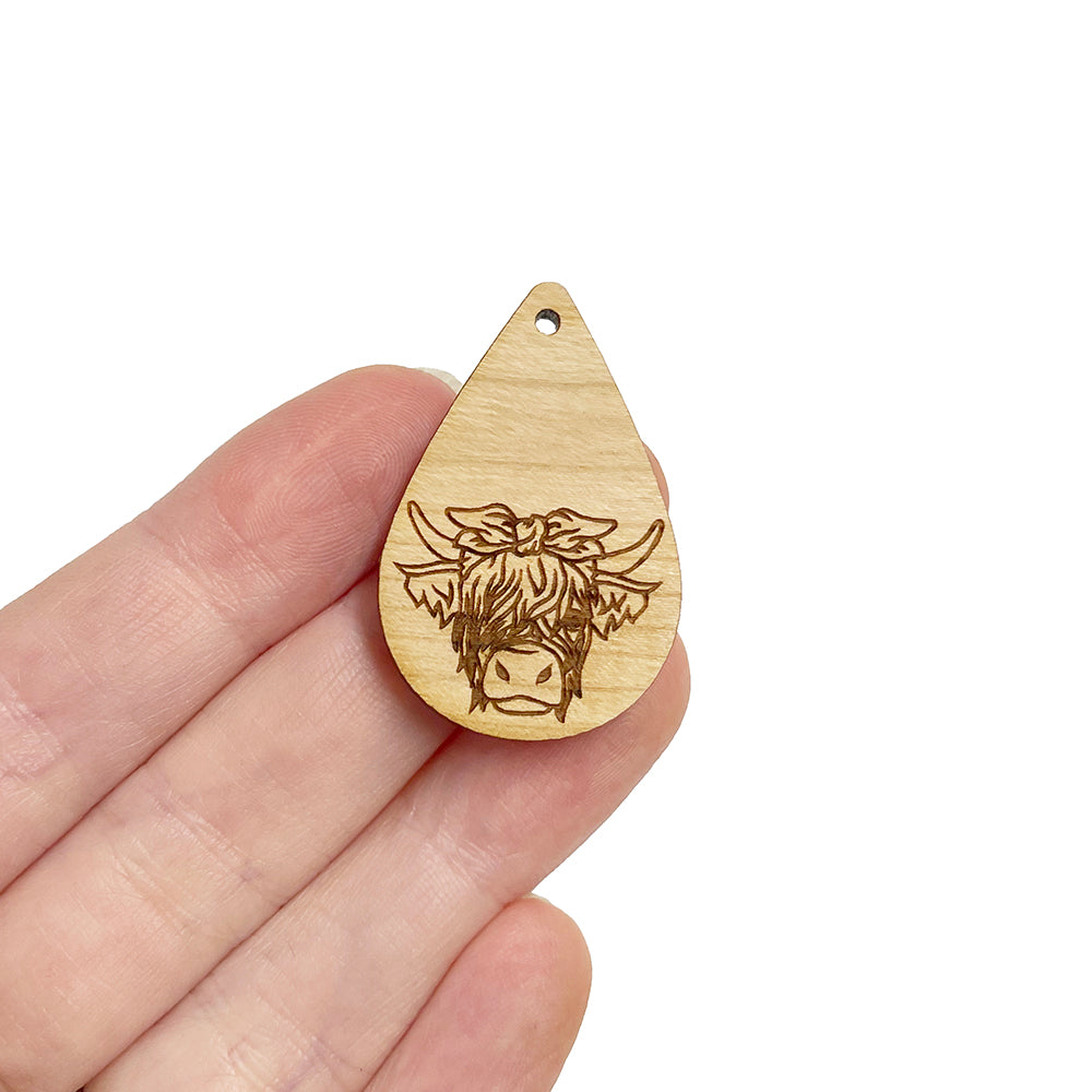 Highland Cow Engraved Small Tear Drop Shaped Wood Jewelry Charm Blanks