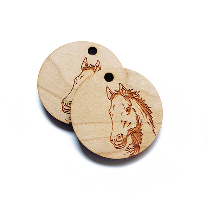 Horse Engraved Circle Shaped Wood Keychain Charm Blanks