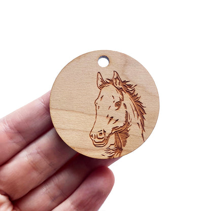 Horse Engraved Circle Shaped Wood Keychain Charm Blanks