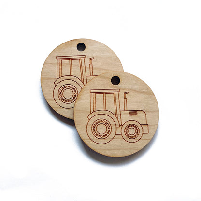 Simple Tractor Engraved Circle Shaped Wood Keychain Charm Blanks