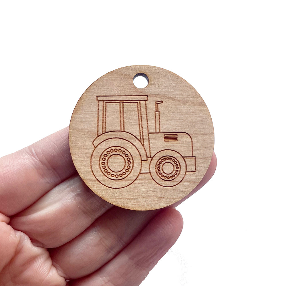 Simple Tractor Engraved Circle Shaped Wood Keychain Charm Blanks