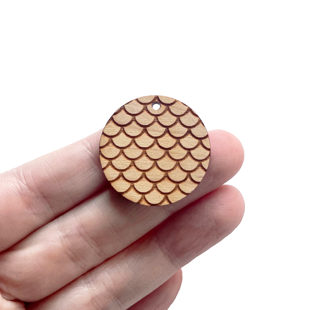 Mermaid Scales Engraved Circle Shaped Wood Jewelry Charm Blanks