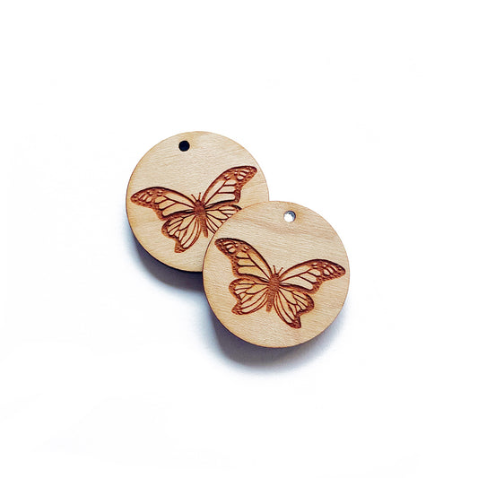 Monarch Butterfly Engraved Circle Shaped Wood Jewelry Charm Blanks