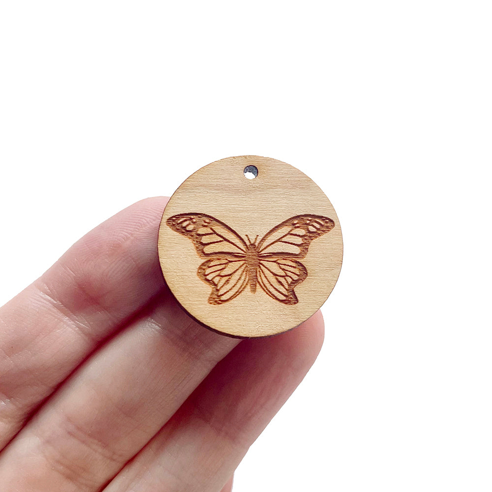 Monarch Butterfly Engraved Circle Shaped Wood Jewelry Charm Blanks