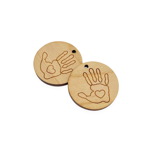 Hand Print Heart Engraved Circle Shaped Wood Jewelry Charm Blanks