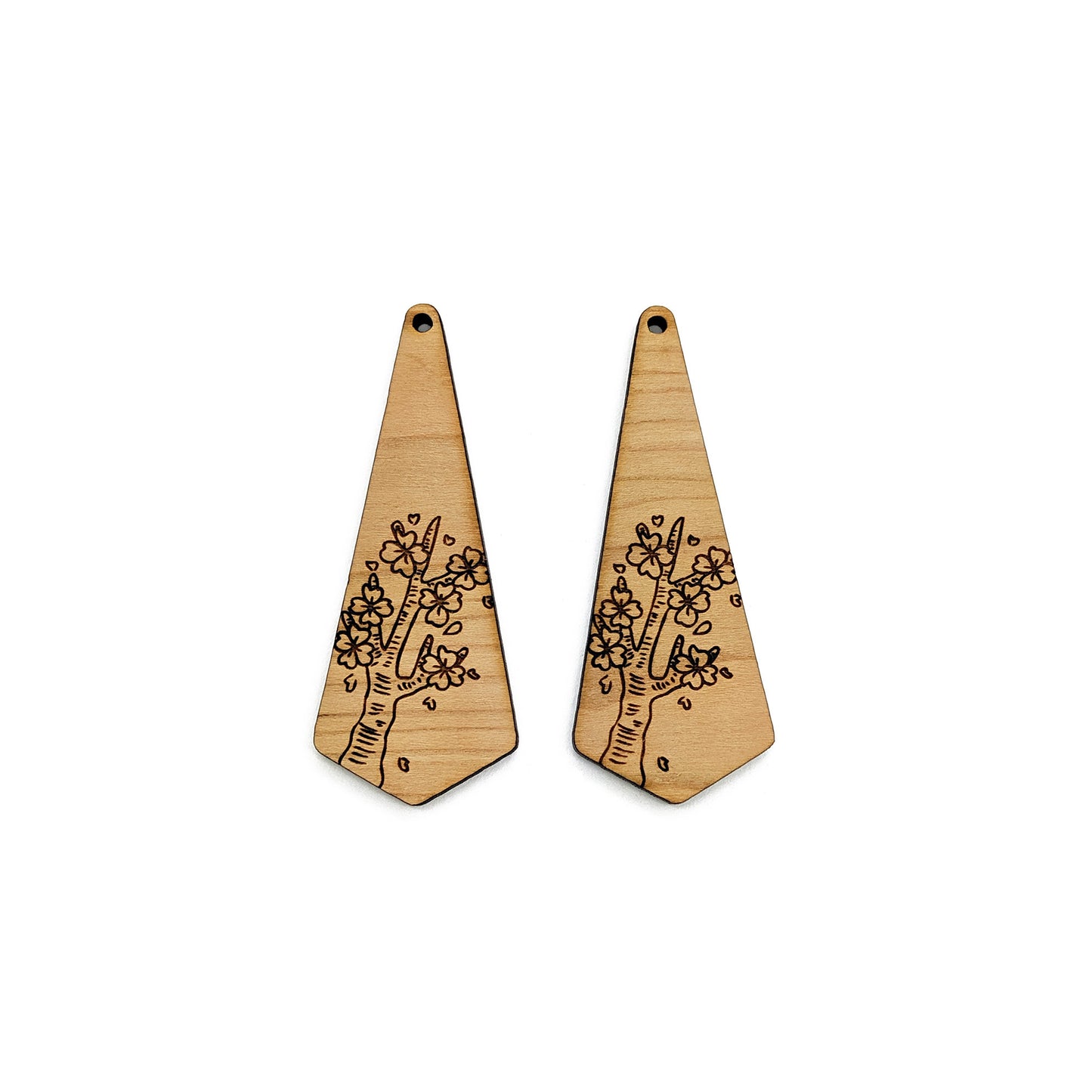 Cherry Blossom Engraved Triangular Shaped Wood Jewelry Charm Blanks