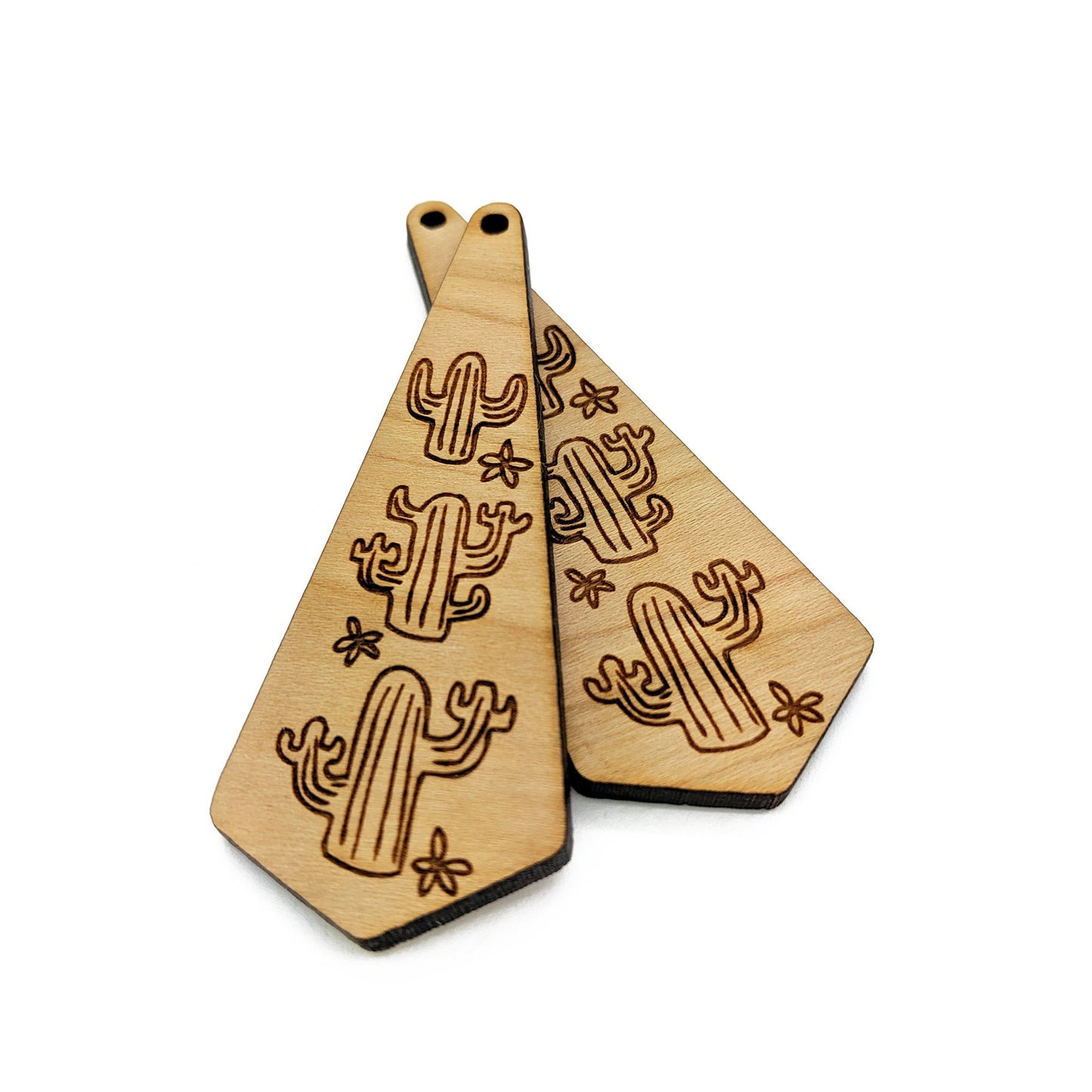 Cactus Engraved Triangular Shaped Wood Jewelry Charm Blanks