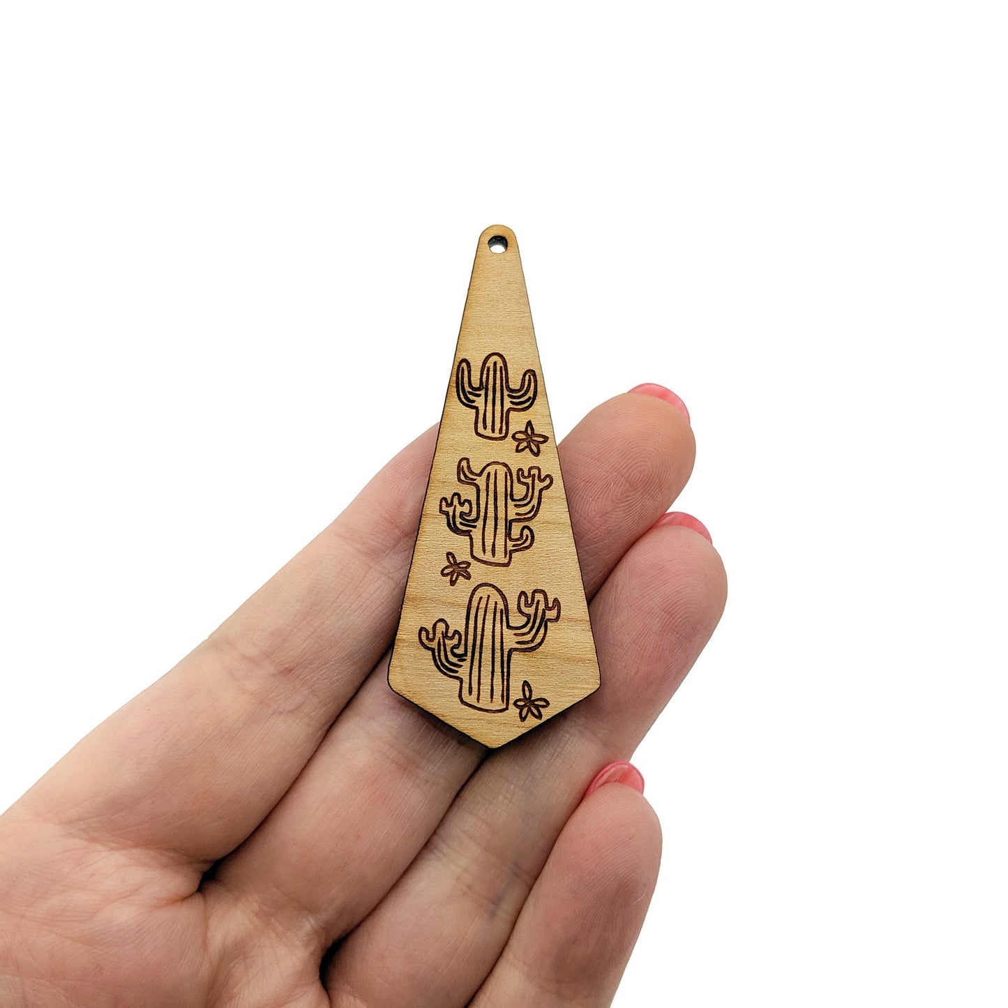 Cactus Engraved Triangular Shaped Wood Jewelry Charm Blanks