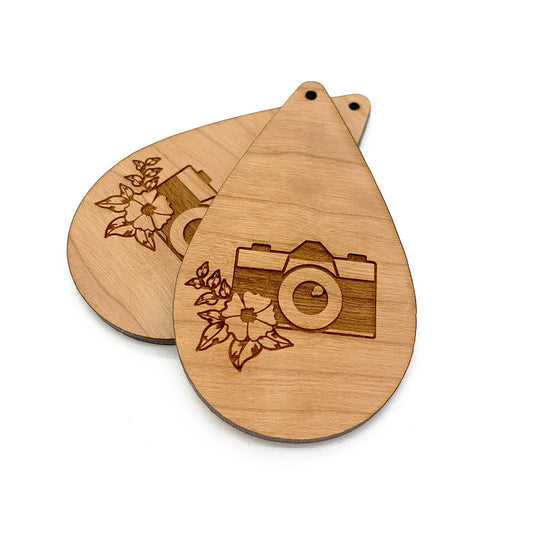 Floral Camera Engraved Large Tear Drop Shaped Wood Jewelry Charm Blanks