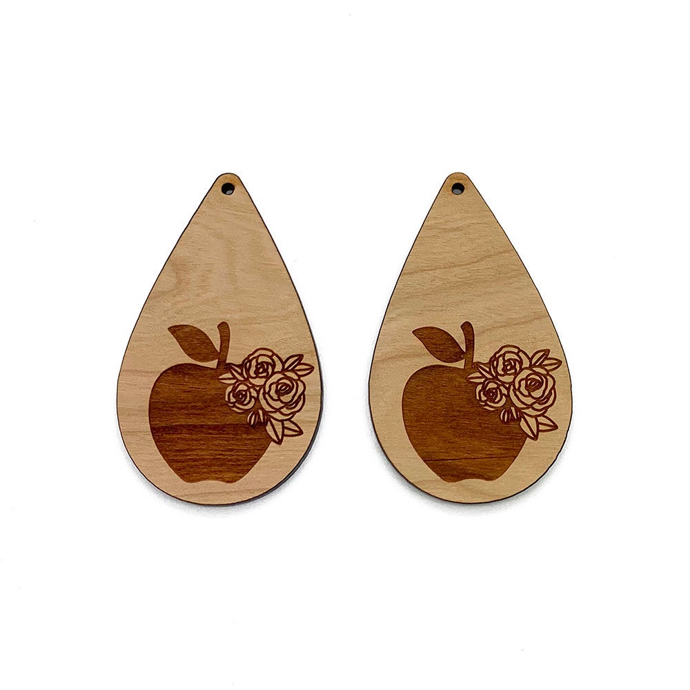 Apple Floral Engraved Large Tear Drop Shaped Wood Jewelry Charm Blanks