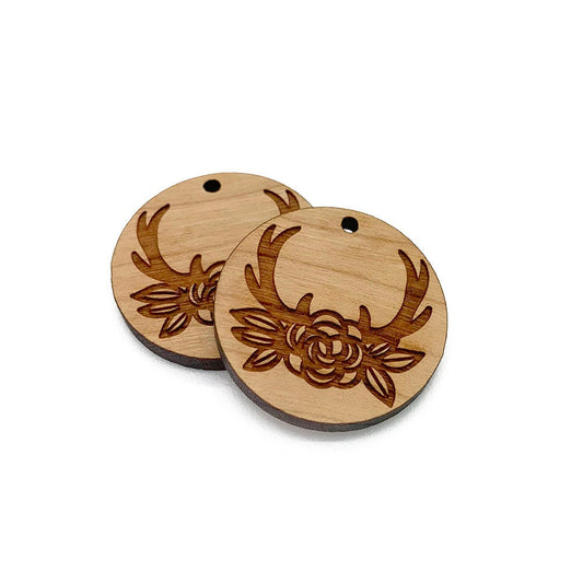 Rose & Antlers Engraved Circle Shaped Wood Jewelry Charm Blanks