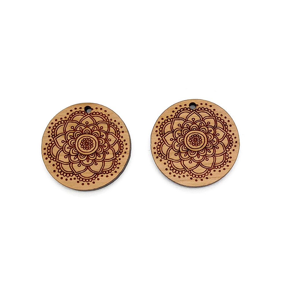 Mandala Engraved Circle Shaped Wood Jewelry Charm Blanks