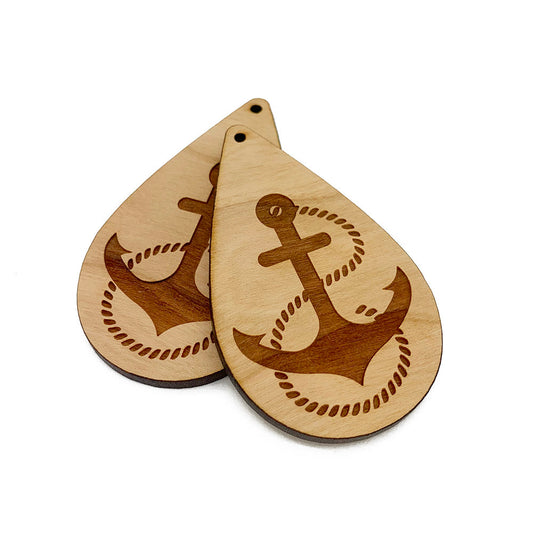 Anchor Engraved Large Tear Drop Shaped Wood Jewelry Charm Blanks