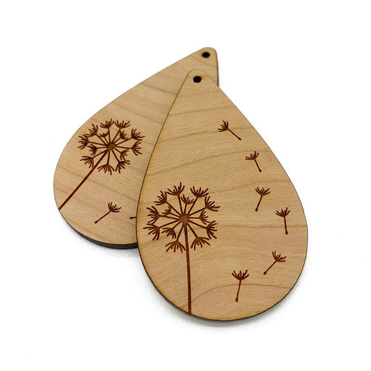 Dandelion Engraved Large Tear Drop Shaped Wood Jewelry Charm Blanks