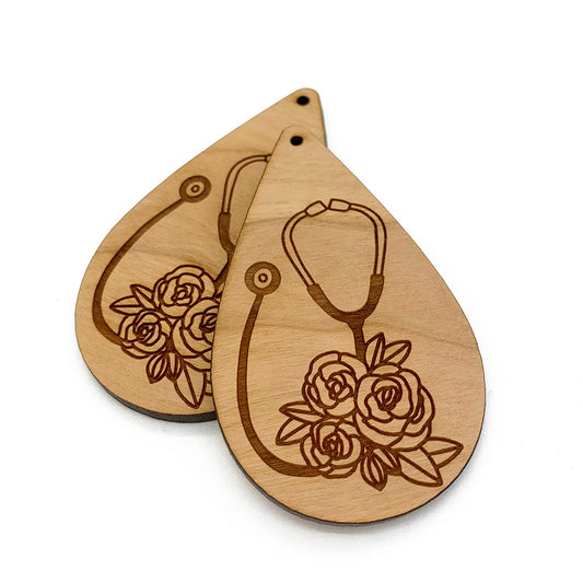 Floral Stethoscope Engraved Large Tear Drop Shaped Wood Jewelry Charm Blanks