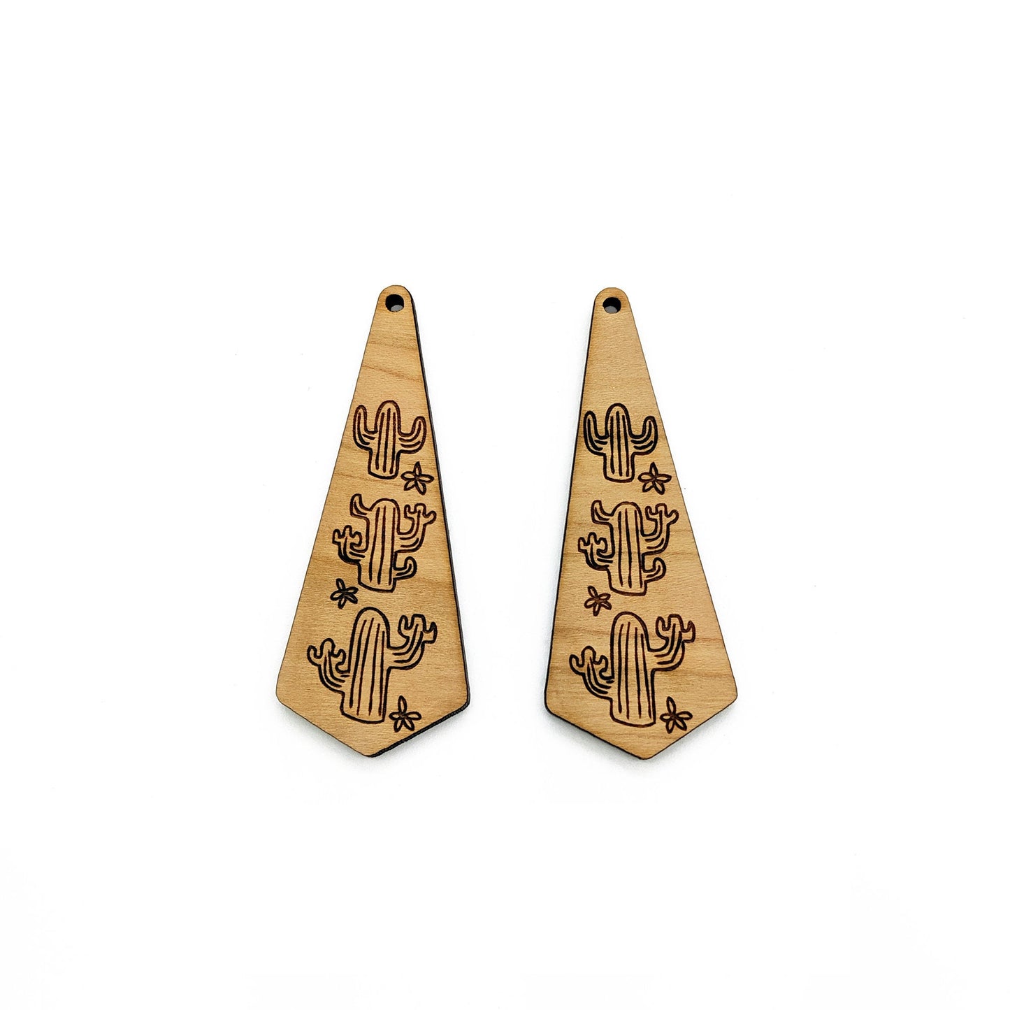 Cactus Engraved Triangular Shaped Wood Jewelry Charm Blanks