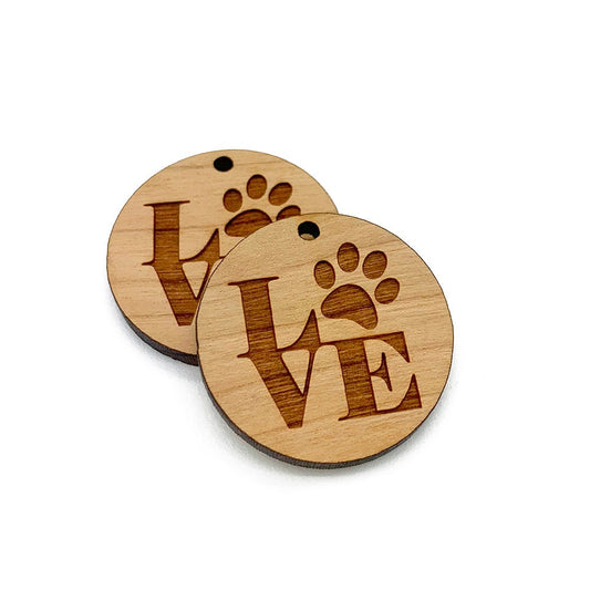 Paw Love Engraved Circle Shaped Wood Jewelry Charm Blanks