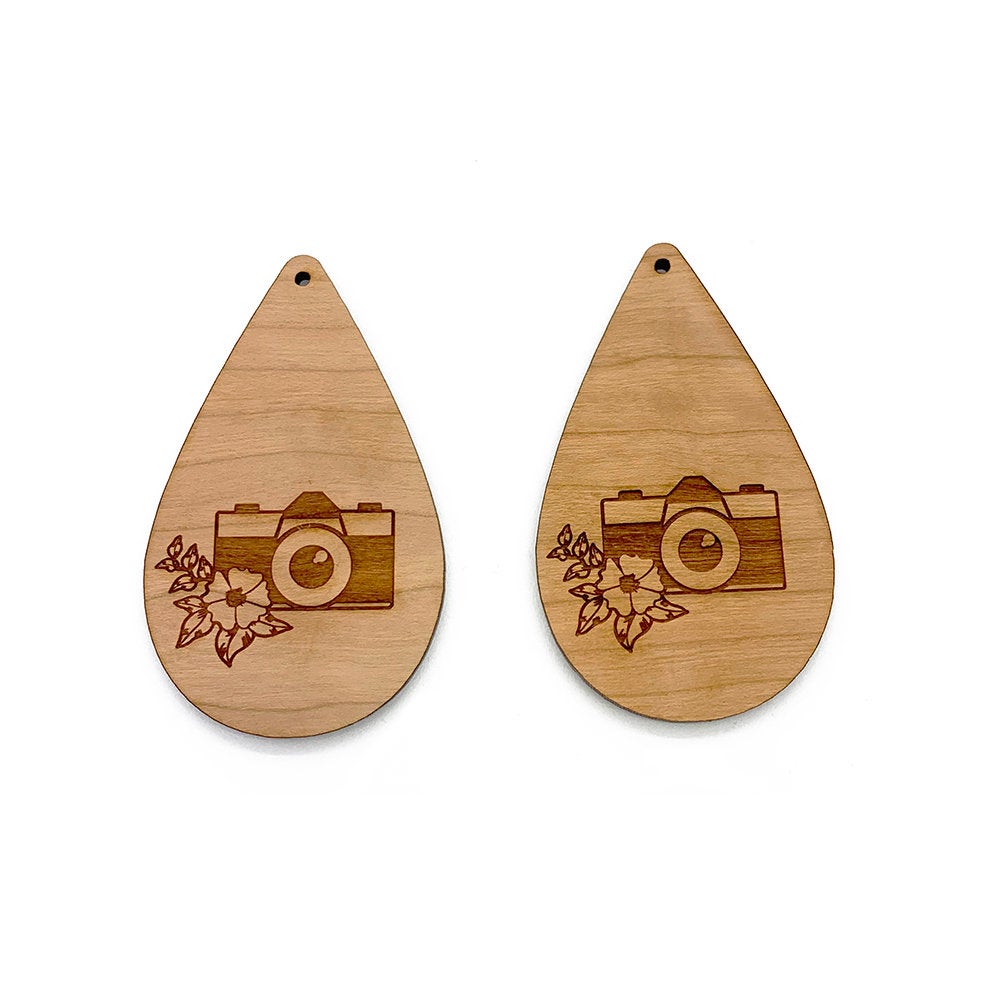 Floral Camera Engraved Large Tear Drop Shaped Wood Jewelry Charm Blanks
