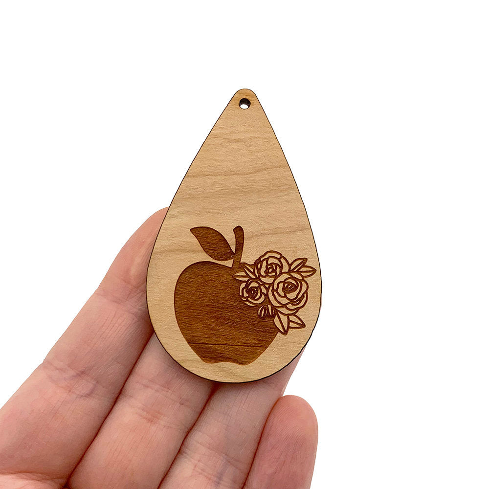 Apple Floral Engraved Large Tear Drop Shaped Wood Jewelry Charm Blanks