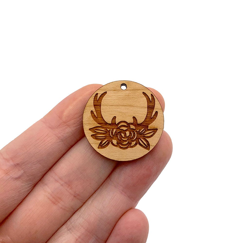 Rose & Antlers Engraved Circle Shaped Wood Jewelry Charm Blanks